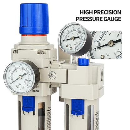 BLCH 1/2" NPT Air Compressor Water Separator - Air Pressure Regulator Compressed Air Filter Regulator Lubricator Combo AC4010-04 Semi-auto Drain Poly Bowl Gauge 0-160 PSI 5μm Brass