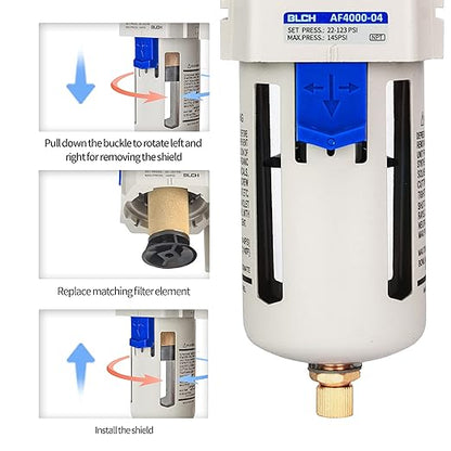 BLCH 1/2" NPT Air Line Dryer - Air Dryer for Compressor,Compressed Air Dryer Air Drying System AF4000-04 Manual Drain Poly Bowl 0-160 PSI 5μm