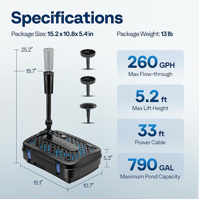 VIVOHOME All-in-One Pond Filter Fountain System Kits, 260 GPH Submersible Water Pump for Ponds up to 790 Gallons