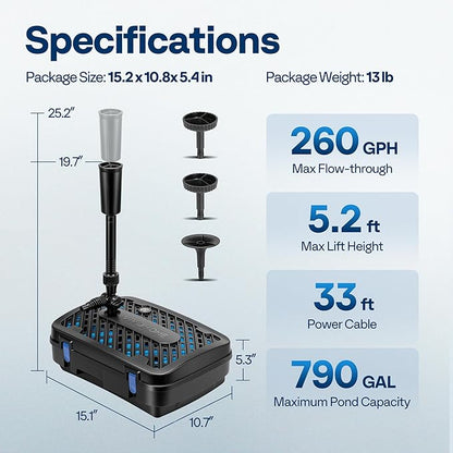 VIVOHOME All-in-One Pond Filter Fountain System Kits, 260 GPH Submersible Water Pump for Ponds up to 790 Gallons
