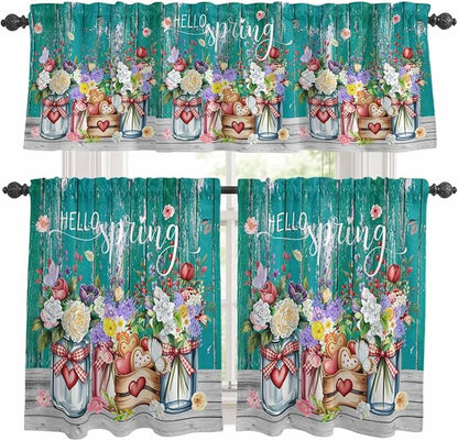 Kitchen Curtains Tiers and Valance Set of 3, Spring Flowers Light Filtering Window Curtain Set, Farmhouse Watercolor Teal Wood Grain Rod Pocket Curtain Drapes for Cafe, Living Room, 36 Inches Tiers