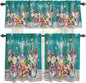 Kitchen Curtains Tiers and Valance Set of 3, Spring Flowers Light Filtering Window Curtain Set, Farmhouse Watercolor Teal Wood Grain Rod Pocket Curtain Drapes for Cafe, Living Room, 36 Inches Tiers