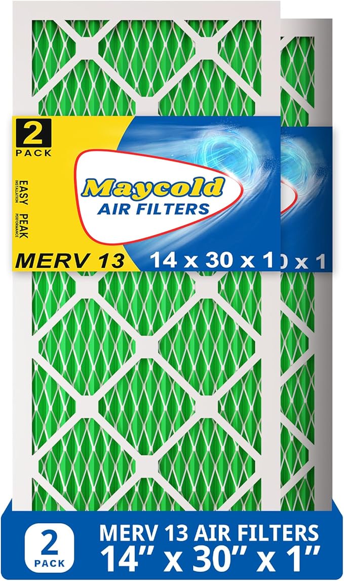 Maycold MERV 13 14x30x1 Air Filter (2-Pack), High-Efficiency Pleated AC & Furnace Filters, Actual Size: 13.70” x 29.70” x 0.75”, Individually Wrapped in Plastic