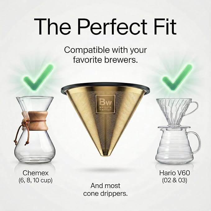Barista Warrior Compatible with Hario V60 Pour Over Coffee Filters - Reusable Stainless Steel - Best Coffee Maker and Bar Accessories (Gold Titanium Coated)