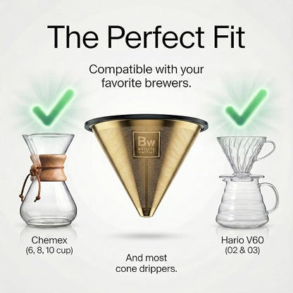 Barista Warrior Compatible with Hario V60 Pour Over Coffee Filters - Reusable Stainless Steel - Best Coffee Maker and Bar Accessories (Gold Titanium Coated)
