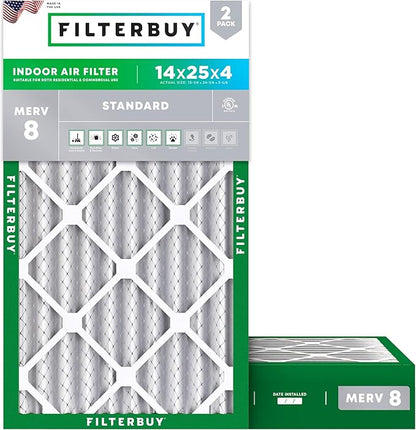 Filterbuy 14x25x4 Air Filter MERV 8 Essential Dust & Allergy Defense (2-Pack), Electrostatic Pleated HVAC AC Furnace Filters Replacement, Made in USA (Actual Size: 13.88 x 24.88 x 3.63)