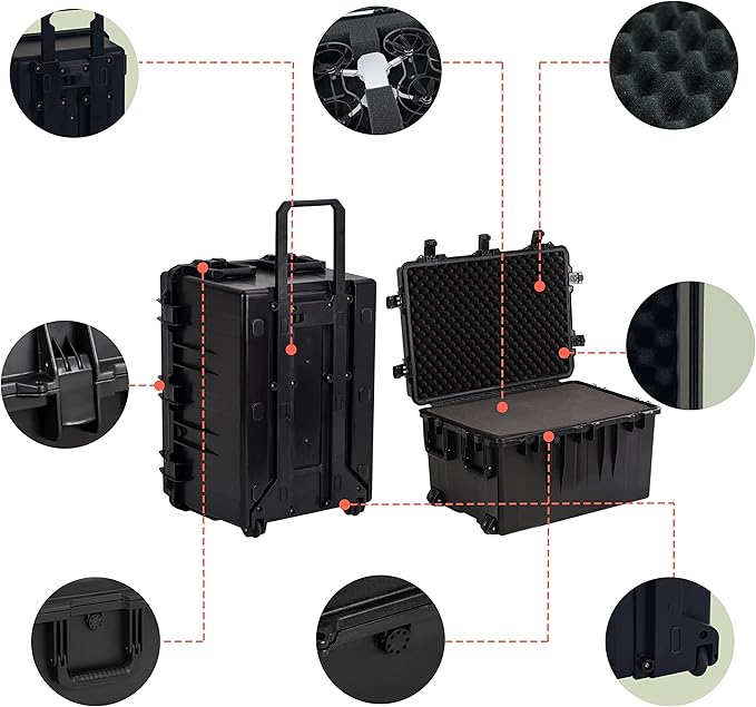 MEIJIA Portable All Weather Waterproof Camera Case,Customizable Fit Foam with Rolling Wheels and Retractable Pull Handle,33.25"X24.4"X19.3"