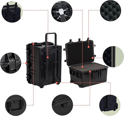 MEIJIA Portable All Weather Waterproof Camera Case,Customizable Fit Foam with Rolling Wheels and Retractable Pull Handle,33.25"X24.4"X19.3"