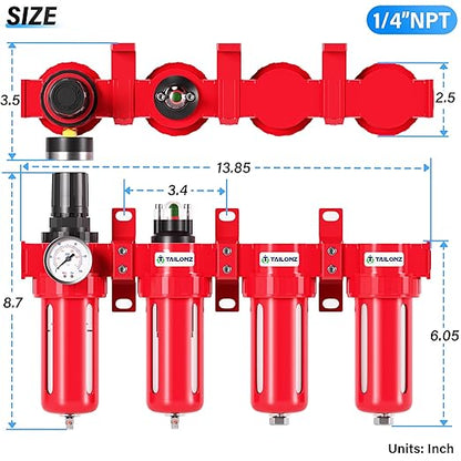 TAILONZ PNEUMATIC 0-150PSI 1/4 Inch NPT Red Industrial Grade 4 Stage Air Drying System, Particulate Filter, Coalescing Filter, Double Desiccant Dryer and Air Regulator (Manual Drainage)