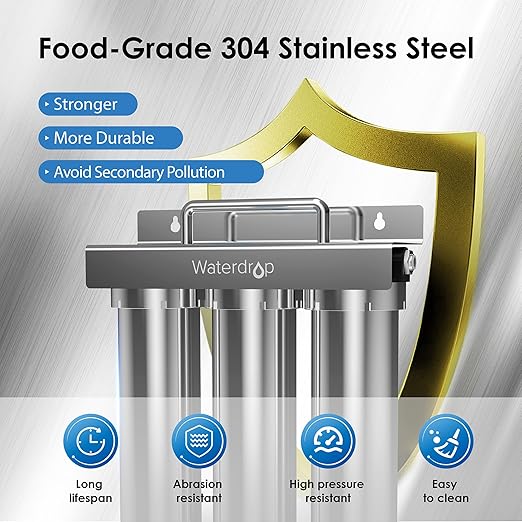 Waterdrop TST-UF 0.01μm Ultra-Filtration Under Sink Water Filter System, Stainless Steel Water Filter for Sink, 5X Service Life Under Sink Water Filtration System, Removes 99% of Substances