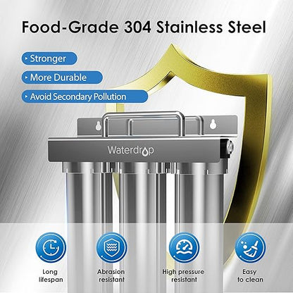 Waterdrop TST-UF 0.01μm Ultra-Filtration Under Sink Water Filter System, Stainless Steel Water Filter for Sink, 5X Service Life Under Sink Water Filtration System, Removes 99% of Substances