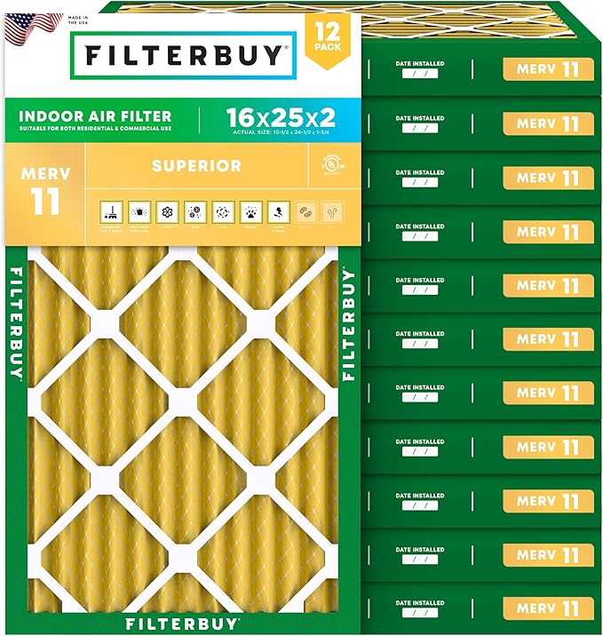 Filterbuy 16x25x2 Air Filter MERV 11 Superior Pet & Allergy Defense (12-Pack), Electrostatic Pleated HVAC AC Furnace Filters Replacement, Made in USA (Actual Size: 15.50 x 24.50 x 1.75)