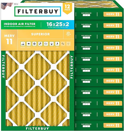 Filterbuy 16x25x2 Air Filter MERV 11 Superior Pet & Allergy Defense (12-Pack), Electrostatic Pleated HVAC AC Furnace Filters Replacement, Made in USA (Actual Size: 15.50 x 24.50 x 1.75)