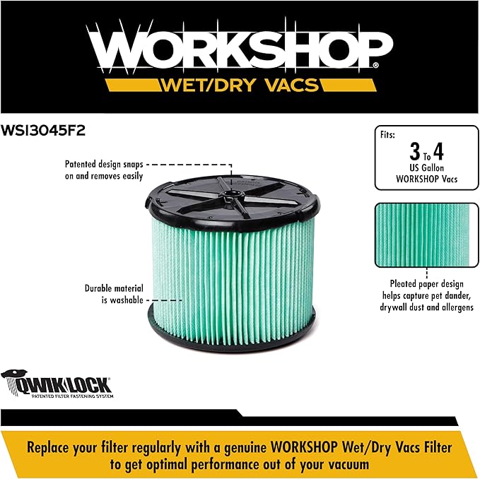 WORKSHOP Wet/Dry Vacs Vacuum Filters WS13045F2 HEPA Media Filter For Shop Vacuum Cleaner (2pk - HEPA Media Filter For Wet/Dry Vacuum Cleaner) Fits WORKSHOP 3-Gallon to 4.5-Gallon Shop Vacuum Cleaners