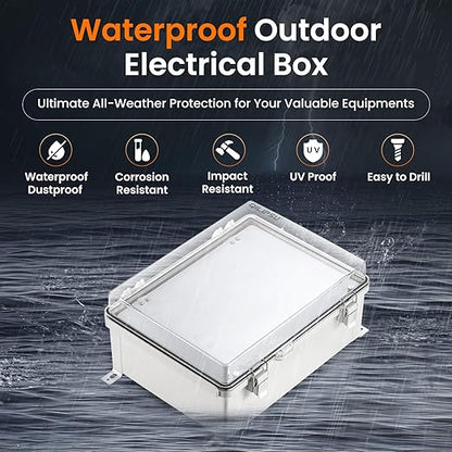 QILIPSU Waterproof Junction Box IP67 Outdoor Plastic Electrical Project Enclosure Weatherproof with Inner Door, Mounting Plate, Wall Brackets, Hinged Clear Cover 16.1"x12.2"x7.1" CC-D