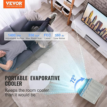 VEVOR Evaporative Air Cooler,1400 CFM 11X31 inch Air Cooler,3 Speeds Cooler Portable Air Conditioner,Energy-Saved Swamp Cooler for party,pool and patio,5 Gal Water Tank & 550 Sq.Ft…