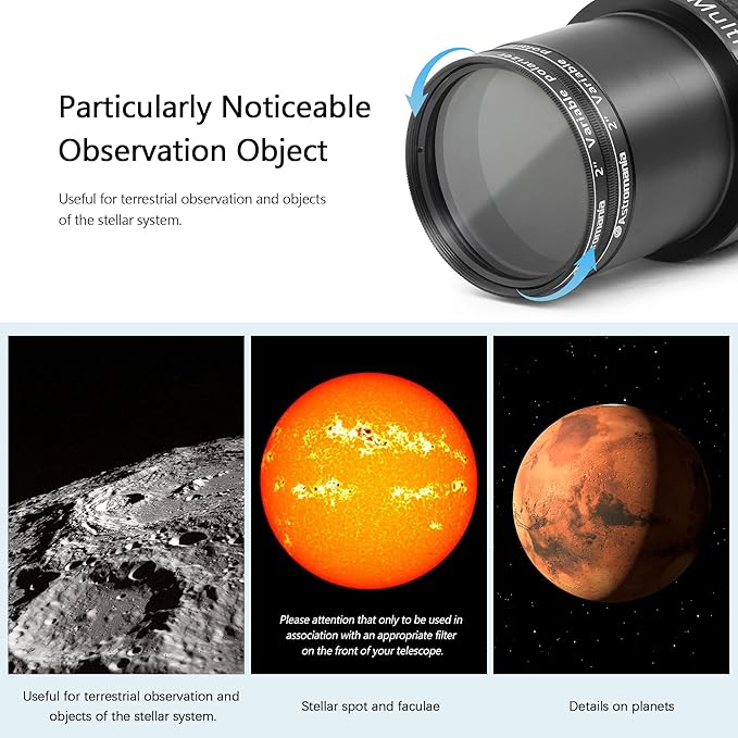 Astromania Telescope Filter, 2 Inch Variable Grey Polarizing Filter, Variable Polarizing Moon Filter for Astronomical Telescope & Eyepiece, Telescope Accessory with Adjustable 1-40% Light Transmission