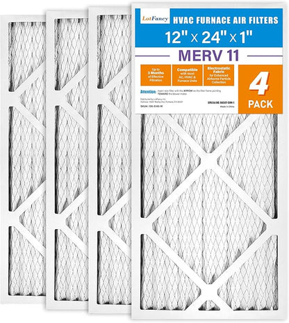 LotFancy 12x24x1 Air Filter MERV 11 4-Pack, Electrostatic Pleated AC Furnace Air Filter, Captures Dust, Smog & Pet Dander, Actual Size: 11.75"x23.75"x0.75"
