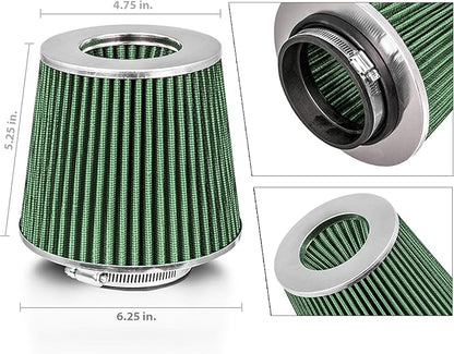 Mortar Aftermarket Auto Air Filter Replacement - Car Enthusiast Class Universal Cold Air Intake Gulps in More Air for More Engine Power & Passionate Induction Sound, 2.75 In, Green