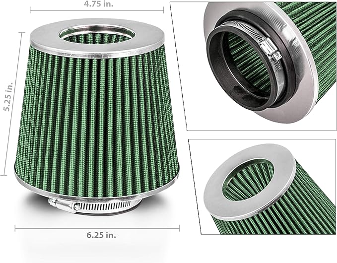 Mortar Aftermarket Auto Air Filter Replacement - Car Enthusiast Class Universal Cold Air Intake Gulps in More Air for More Engine Power & Passionate Induction Sound, 3.5 In, Green