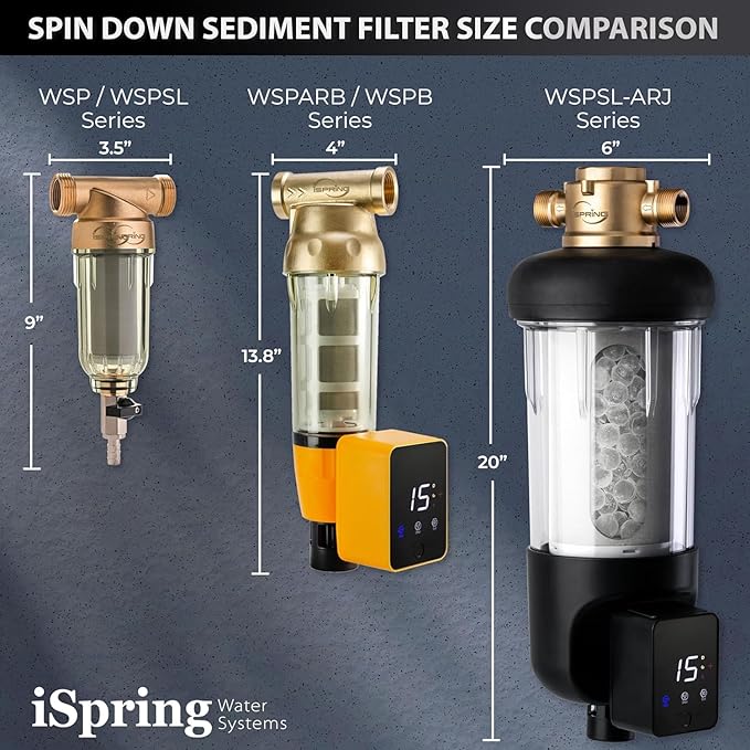 iSpring WSP100SL-ARJ, NSF Certified, Whole House Spin Down Sediment Water Filter Includes Siliphos Helps Prevent Scale and Corrosion, Clear Housing, Upgraded Jumbo Size With Touch-Screen Auto Flushing