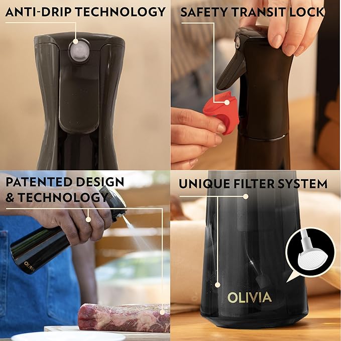 FLAIROSOL OLIVIA SIGNATURE Advanced Kitchen Oil Sprayer Technology, Continuous Fine Mist with Portion Control, Reusable Glass Olive Oil Spray Bottle, Anti-Drip & Leakproof, Black 200ml