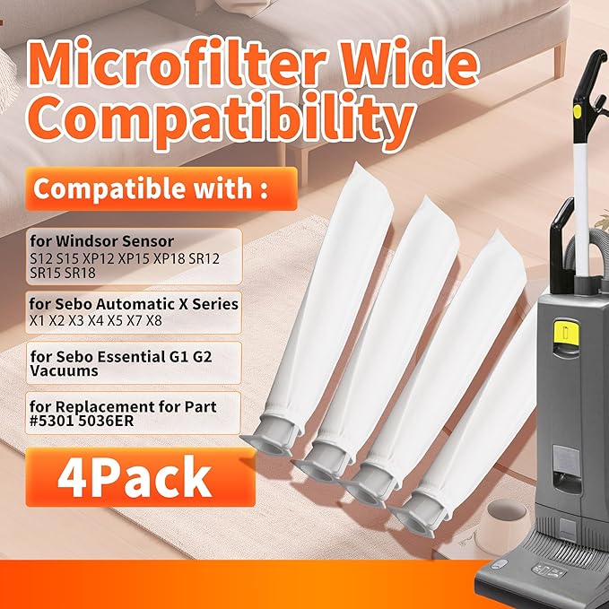 4-Pack MicroFilter fit for SEBO Auto-X S | Replacement Vacuum Filters for Windsor Sensor S12/S15/XP/SR & Essential G1 G2 Upright Vacuums |Replacement for Part#5301 5036ER Micro Hygiene Filter