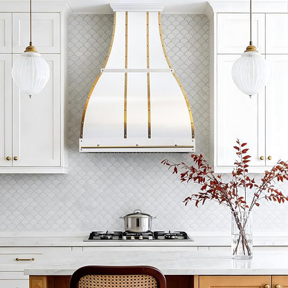 CHETTO C Stainless Steel Range Hood Cover with 4-Speed Vent Hood Insert Custom Handcrafted Metal Kitchen Fan with Towel Rack LED Light 60"W x24"D x51"H White Wall Mount