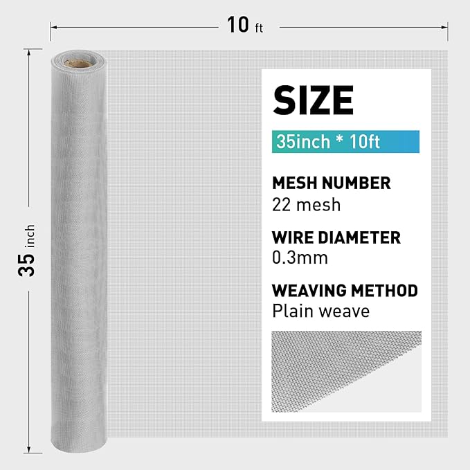 304 Stainless Steel Mesh Window Screen Roll,35IN x 10FT Silver Metal Window Screen Replacement,Window Screen Mesh for Window,Door,Patio,Pet,Vent,Filter,Porch,Cage and DIY Project (22 Mesh)