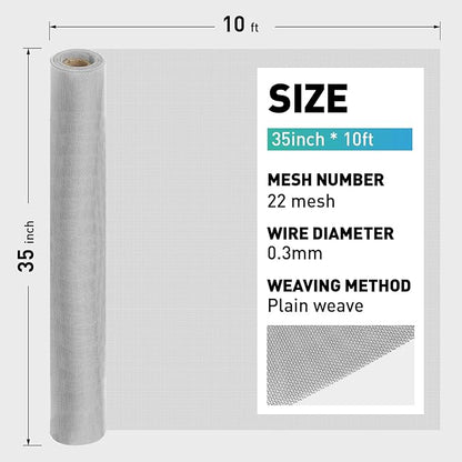 304 Stainless Steel Mesh Window Screen Roll,35IN x 10FT Silver Metal Window Screen Replacement,Window Screen Mesh for Window,Door,Patio,Pet,Vent,Filter,Porch,Cage and DIY Project (22 Mesh)