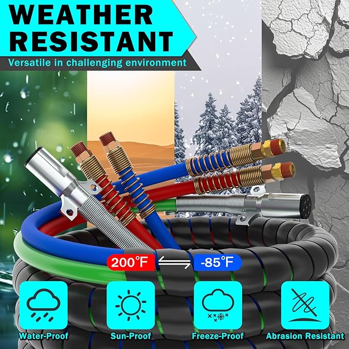 CheeMuii 12 FT Semi Truck Air Line Kit With Gladhand Holder and Springs - Red & Blue Brake Hoses and 7 Way Trailer Cord 3-in-1 for Tractor
