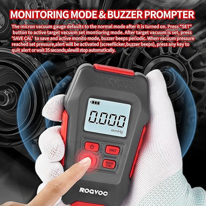 Digital Vacuum Gauge, HVAC Micron Vacuum Gauge Tester with 4 Units 7/16 inch-20 UNF, Digital Vacuum Micron Meter Set with Buzzer Alarm, 1/4 inch SAE Extension Connector Fitting