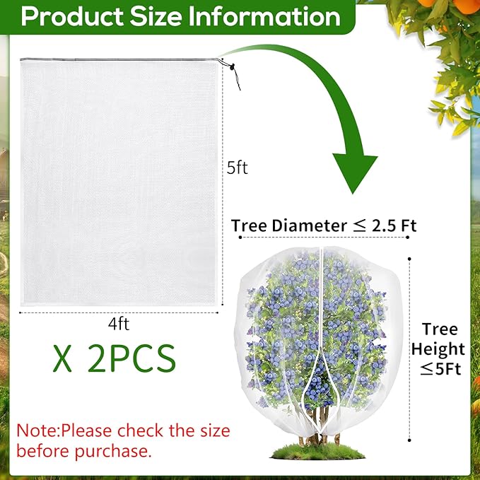 2PCS 4 x 5 ft Fruit Tree Netting Cover with Zipper and Drawstring,Garden Insect Netting Plant Cover Transparent Bird Plant Barrier Flower Fruit Mesh Screen for Preventing Deer Squirrel Bug