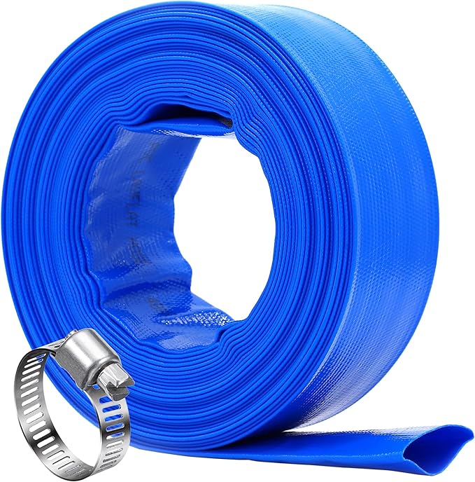 DAVCO 2" x 50 ft Pool Backwash Hose, Heavy Duty Reinforced Blue PVC Lay Flat Water Discharge Pump Hoses For Swimming Drain Pools and Clean Filters,with 1 Clamp