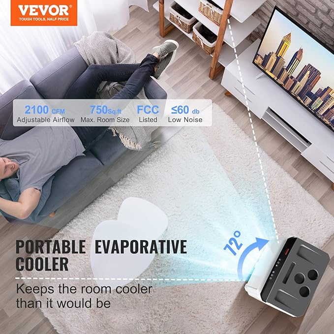 VEVOR Evaporative Air Cooler,2100 CFM 13X34 inch Air Cooler,3 Speeds and 12H Timer Portable Air Conditioner,Energy-Saved Swamp Cooler for party,pool and patio,7 Gal Water Tank & 750 Sq.Ft