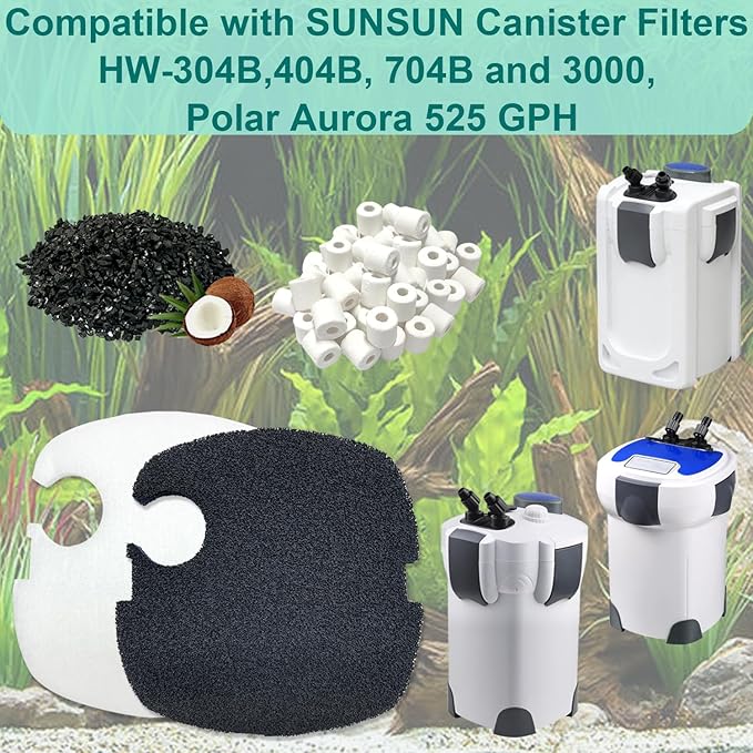 16-Set Aquarium Filter Replacement Media Compatible with SUNSUN Canister Filters HW-304B, 404B, 704B and 3000, Polar Aurora 525 GPH, Includes Activated Carbons, Ceramic Rings, Filter Pads