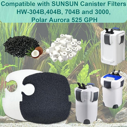 16-Set Aquarium Filter Replacement Media Compatible with SUNSUN Canister Filters HW-304B, 404B, 704B and 3000, Polar Aurora 525 GPH, Includes Activated Carbons, Ceramic Rings, Filter Pads