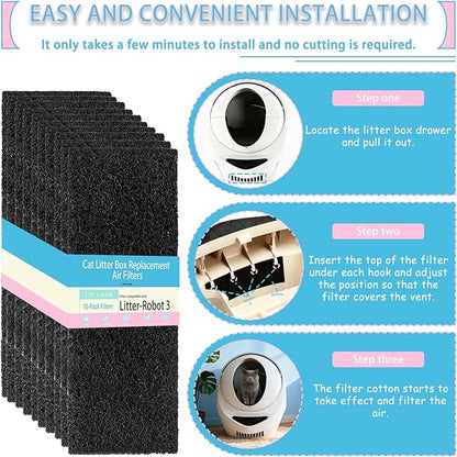 10 Pack Carbon Filters Compatible with Litter Robot 3,Cat Litter Box Replacement Filter,Keep Your Home Clean and Fresh,3.5" x 10" x 0.2"
