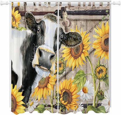 Retro Farmhouse Flower Living Room Curtains 84 Inch Length, Window Curtains Tab Top, Yellow Sunflowers Cow Barn Doors Brown Light Filtering Window Treatments Drapes 52"x84" 2 Panel