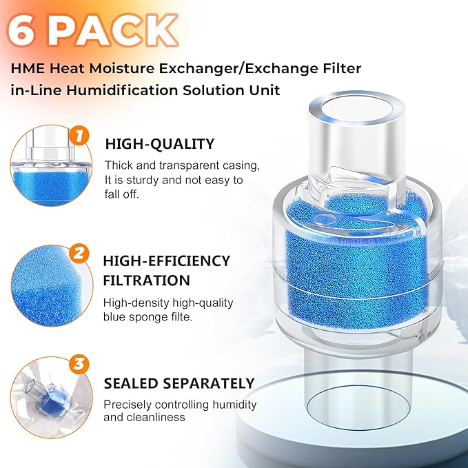 6 Pack HME Heat Moisture Exchanger/Exchange Filter in-Line Humidification Solution Unit Replacement for Z1, Z2, 22mm Diameter Tubing, Individually Sealed Packaging by Blutoget