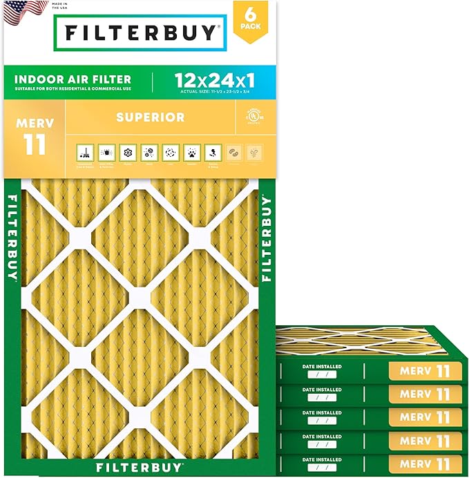 Filterbuy 12x24x1 Air Filter MERV 11 Superior Pet & Allergy Defense (6-Pack), Electrostatic Pleated HVAC AC Furnace Filters Replacement, Made in USA (Actual Size: 11.50 x 23.50 x 0.75)