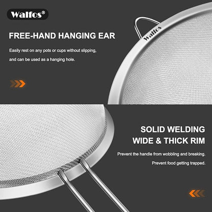 Walfos Small Fine Mesh Tea Strainer, Mini Stainless Steel Sieve with Handle, 2.7 Inch Kitchen Metal Sifter Strainers for Tea, Juicing, Coffee, Cocktail, Powdered Sugar, Matcha (2 Pack)