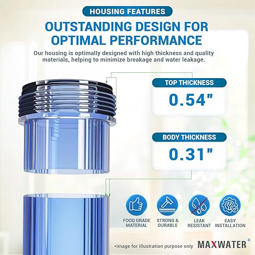 Max Water Whole House 20" x4.5" Purple Clear WH Water Filter Housing 1 inch Inlet/Outlet Ports with Pressure Gauge Wrench and Bracket (1 Housing + 1 Pressure Gauge)
