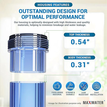 Max Water Whole House 20" x4.5" Purple Clear WH Water Filter Housing 1 inch Inlet/Outlet Ports with Pressure Gauge Wrench and Bracket (1 Housing + 1 Pressure Gauge)