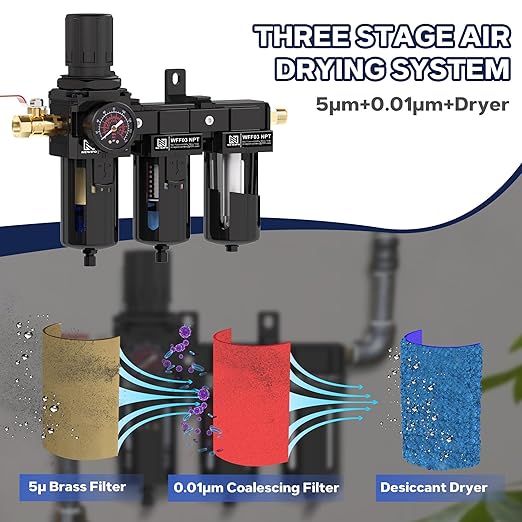 NEWPO 3/8" NPT 3 Stage Air Dryer for Compressor, Air Drying System with 5＆0.01 Micron Filter Cartridge，Desiccant Dryer & Air Regulator, Metal Bowl Semi-Auto Drain