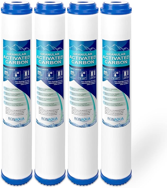 Standard Whole House Coconut Shell Granular Activated Carbon Water Filter 20” x 2.5” Fits 20” x 2.5” Housings. Remove Chlorine and Bad Odor. Compatible with EP-20, HX-CB-25-2010, F3WCB32 Pack of 4