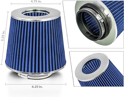 Mortar Aftermarket Auto Air Filter Replacement - Car Enthusiast Class Universal Cold Air Intake Gulps in More Air for More Engine Power & Passionate Induction Sound, 2.75 In, Blue
