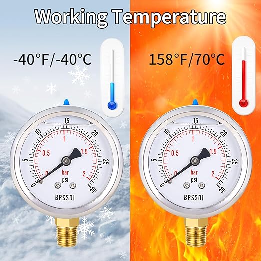 0-30 Psi Glycerin Liquid Filled Low Pressure Gauge, 2.5" Dial Size, 1/4" NPT Lower Mount, 304 Stainless Steel Case, for Water Pipe, HVAC, Water Oil Air Pressure Test