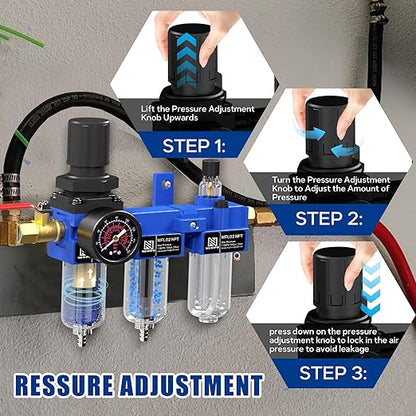 NEWPO 1/4" NPT Compressed Air Filter Regulator Lubricator Combo, Water/Oil Trap Separator,Brass Filter & Desiccant Dryers,Semi-Auto Drain,Metal Bracket-Blue