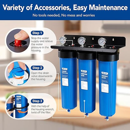 HQUA WF3-01 3-Stage Whole House Water Filtration System, Reduces Heavy Metals (Lead, Mercury, Copper, Nickel, Chromium), Chloramine, Sediment, Odor, and VOC’s